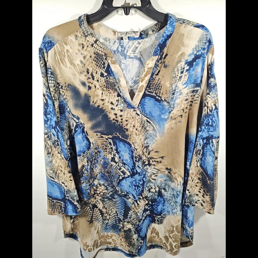 Profile Apparel L Relaxed Fit Stretch Top Blouse Size Large 3/4 Sleeves Animal